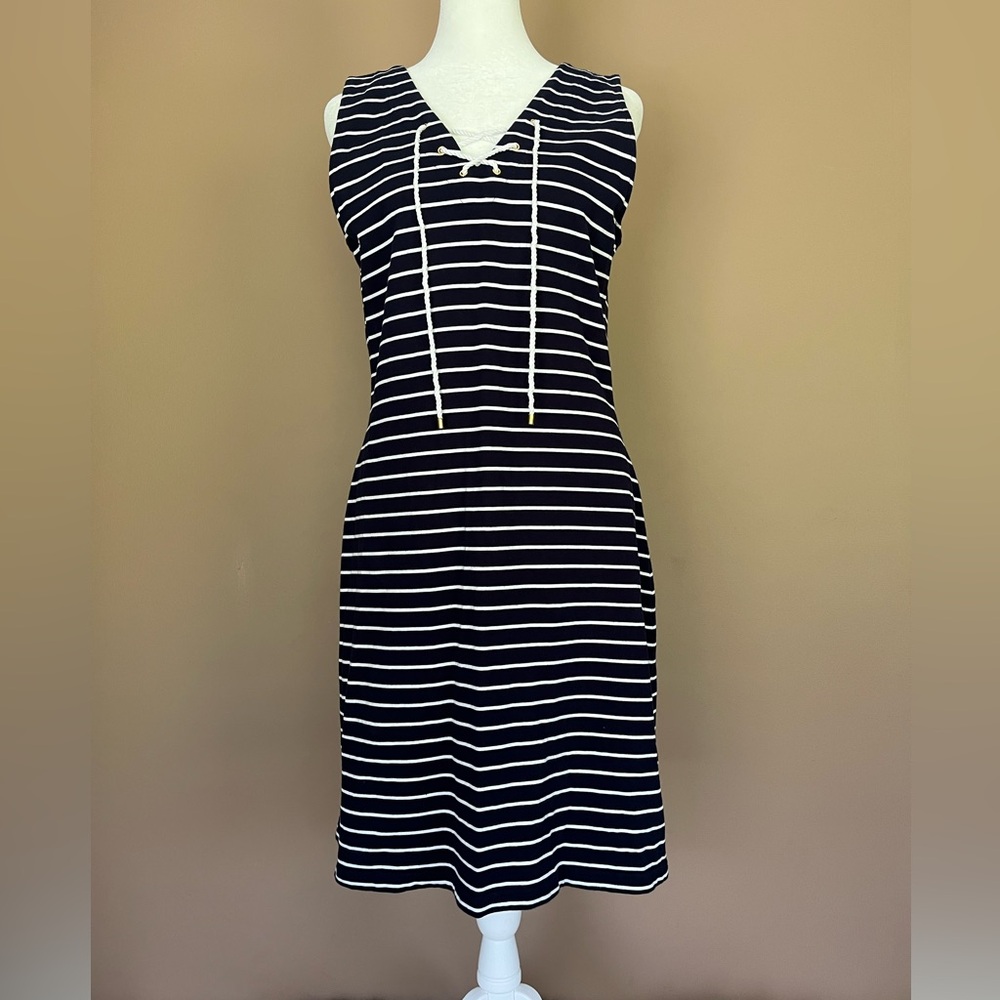 {Lauren Ralph Lauren} Striped Sleeveless Nautical Lace-Up Dress in Navy
